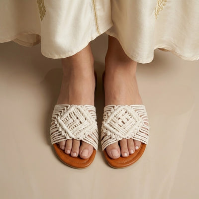 ZAWJIEN Solana Slides - Handcrafted macrame slippers, front view - tryon