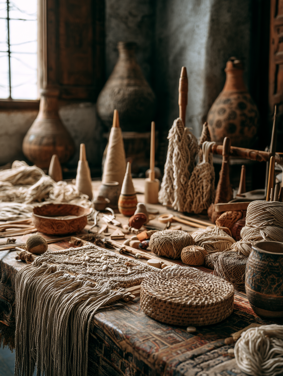 Egyptian artisan workspace with macramé materials and traditional craft elements