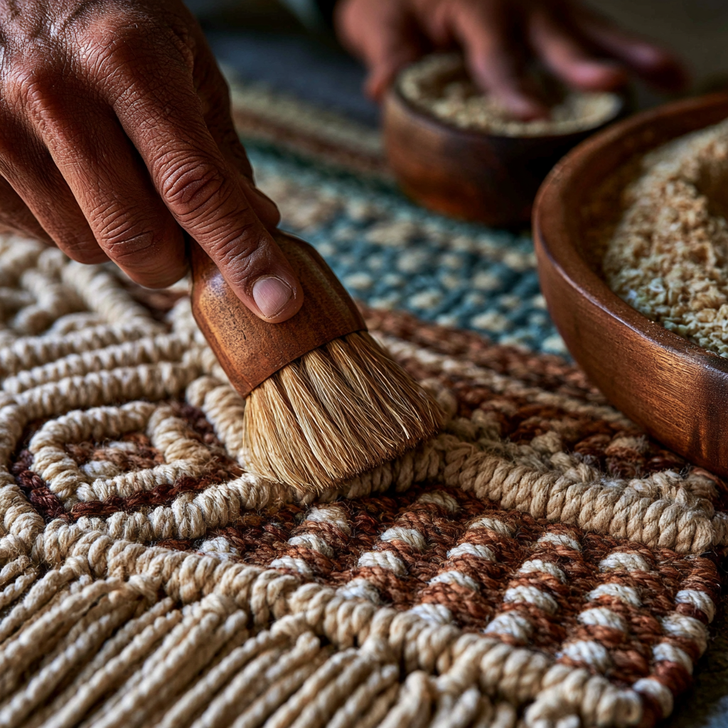 Handcrafted macramé bag being gently cleaned with natural materials