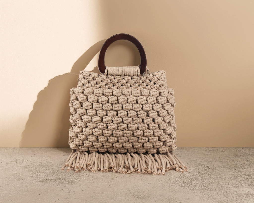 ZAWJIEN Nura Bag - Handcrafted macrame accessory, model lifestyle shot - tryon