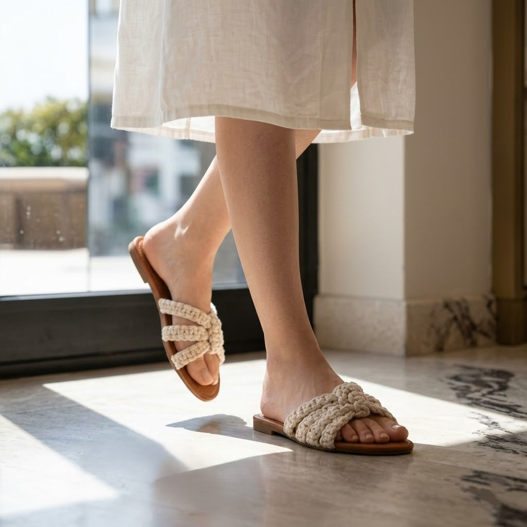 ZAWJIEN Nature Weave Slides - Handcrafted macrame slippers, styled product shot