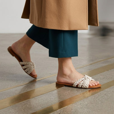 ZAWJIEN Nature Weave Slides - Handcrafted macrame slippers, front view