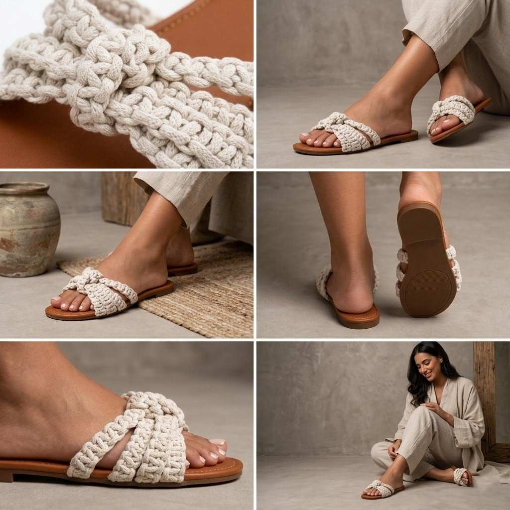 ZAWJIEN Nature Weave Slides - Handcrafted macrame slippers, detail view