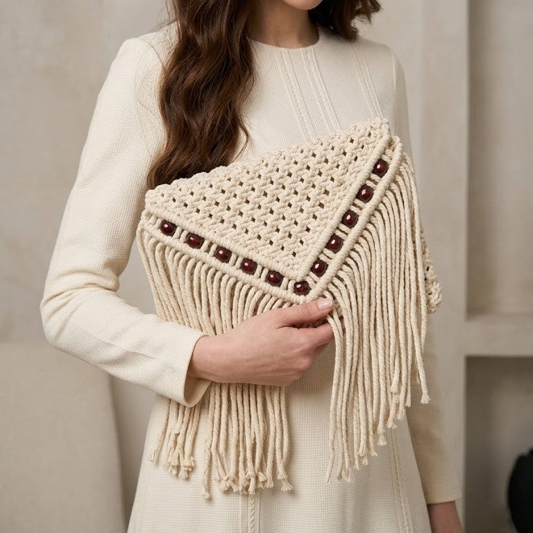ZAWJIEN Aurora Sleeve - Handcrafted macrame clutches, model lifestyle shot - tryon