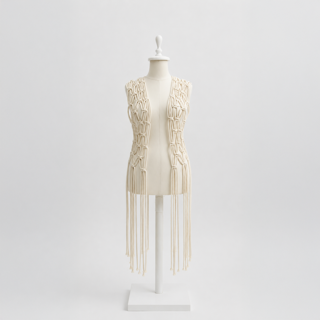 Beige fringe dress on a mannequin against a light gray background - tryon