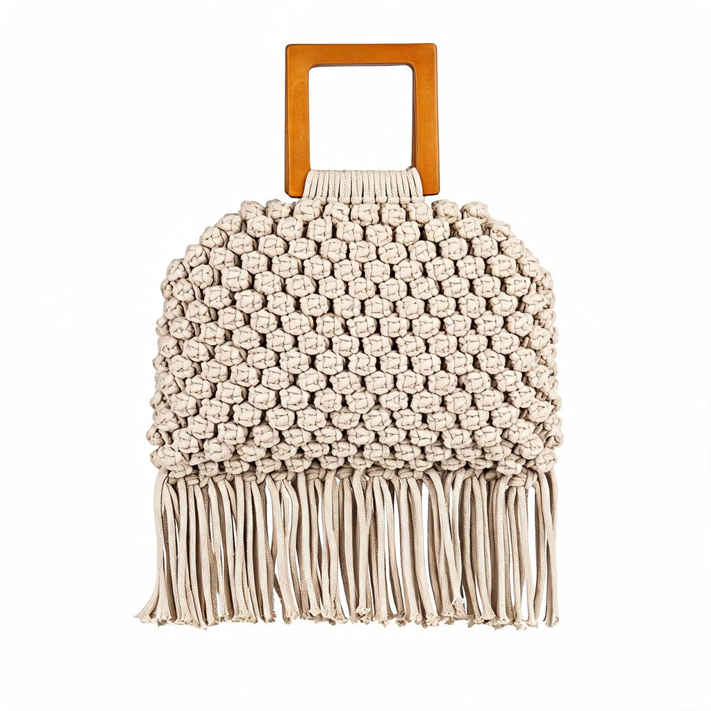 Beige woven handbag with wooden handle on a white background - tryon