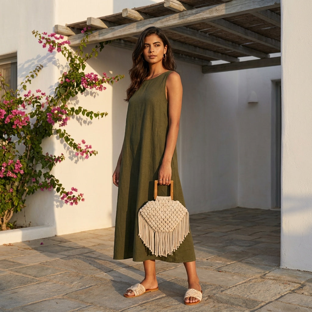 Woman in a green dress holding a beaded handbag in a sunlit outdoor setting. Mawj Bag Zawjien 