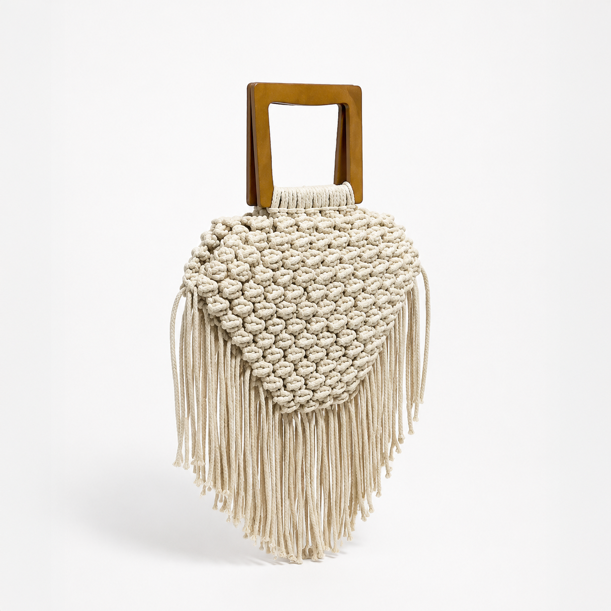 Macrame handbag with wooden handle on a white background Mawj Bag Zawjien 