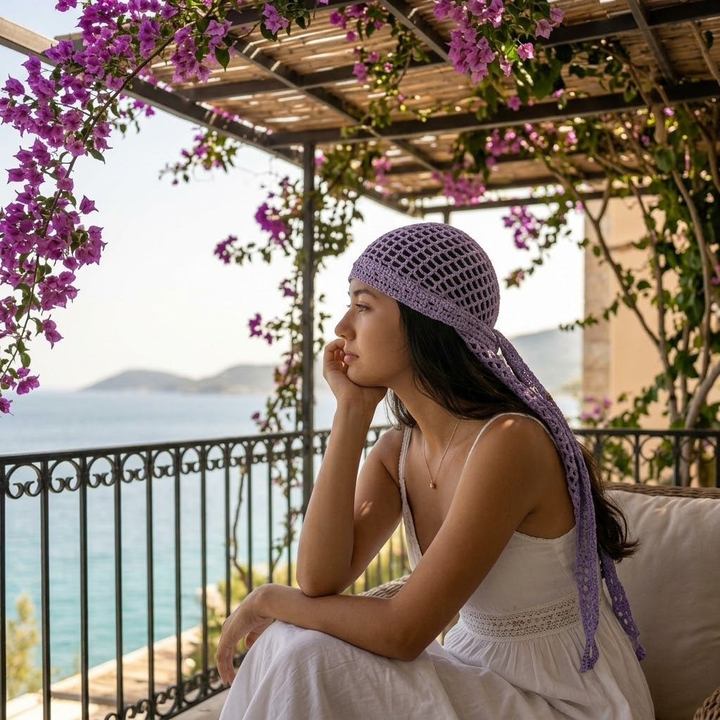 Woman sitting on a balcony with a scenic view, wearing a purple headscarf and white dress.Zawjien HeadScarf