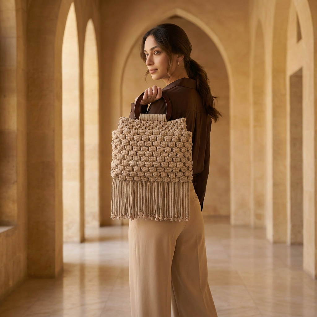 Woman holding a woven bag in a sunlit architectural interior