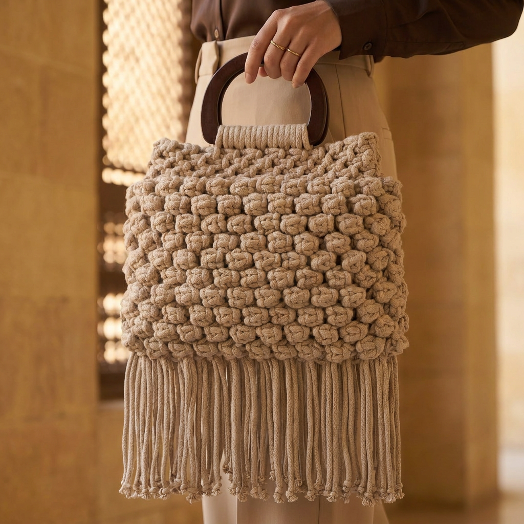 Beige woven handbag with fringe held by a person in a blurred indoor setting