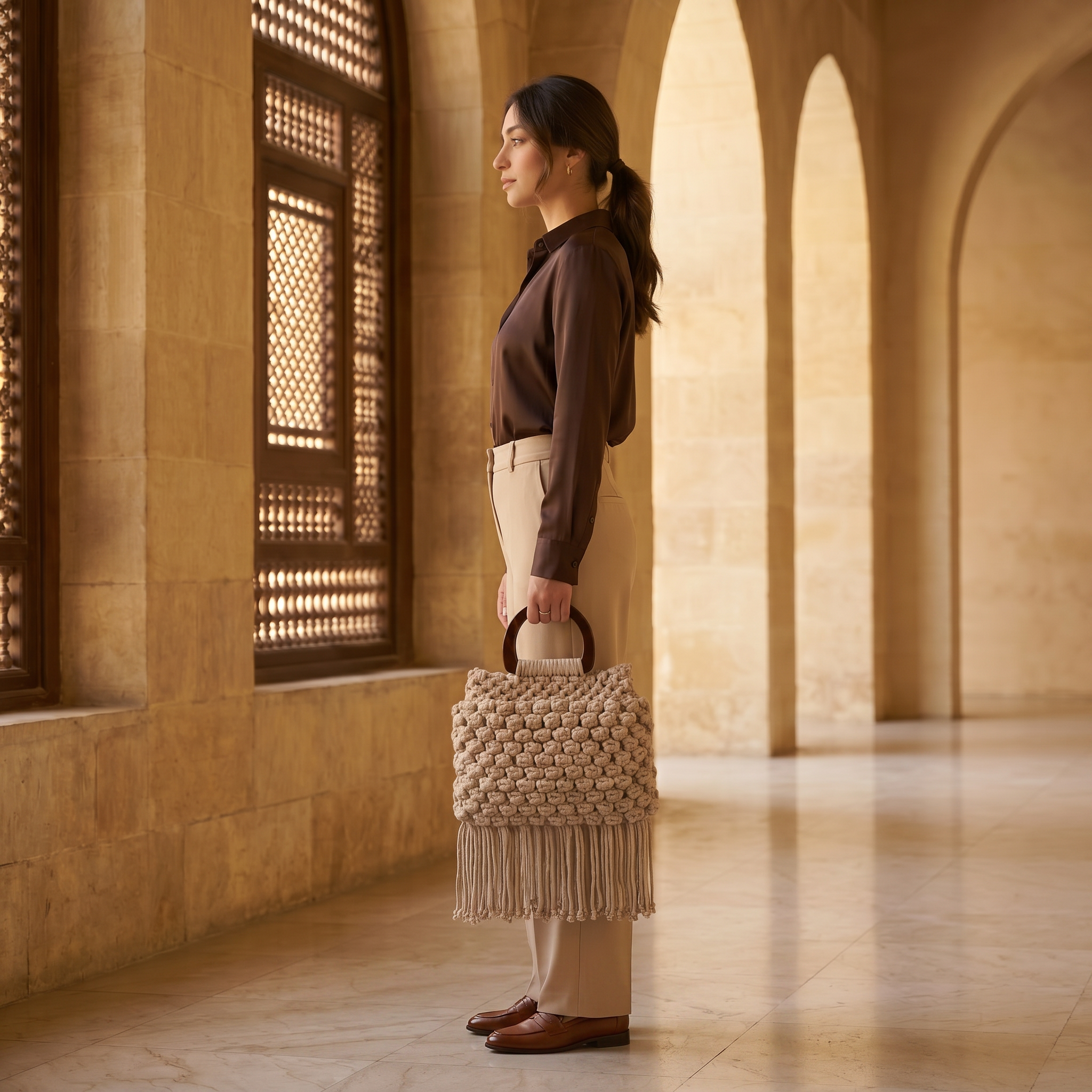 Woman holding a textured handbag in an architectural setting with arched columns.