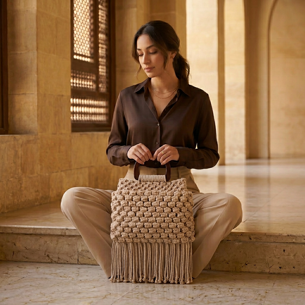 Woman holding a woven bag in an elegant interior setting