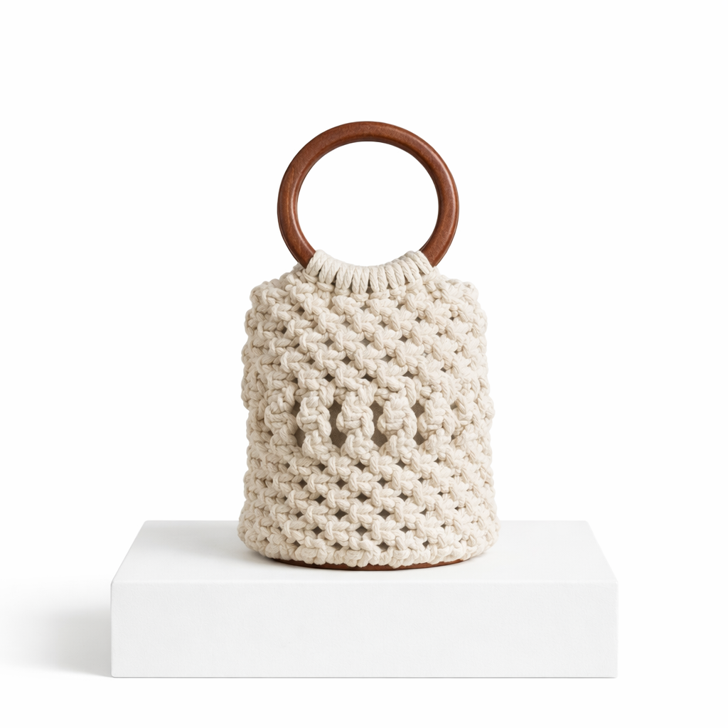 White knitted bag with a wooden handle on a white background 