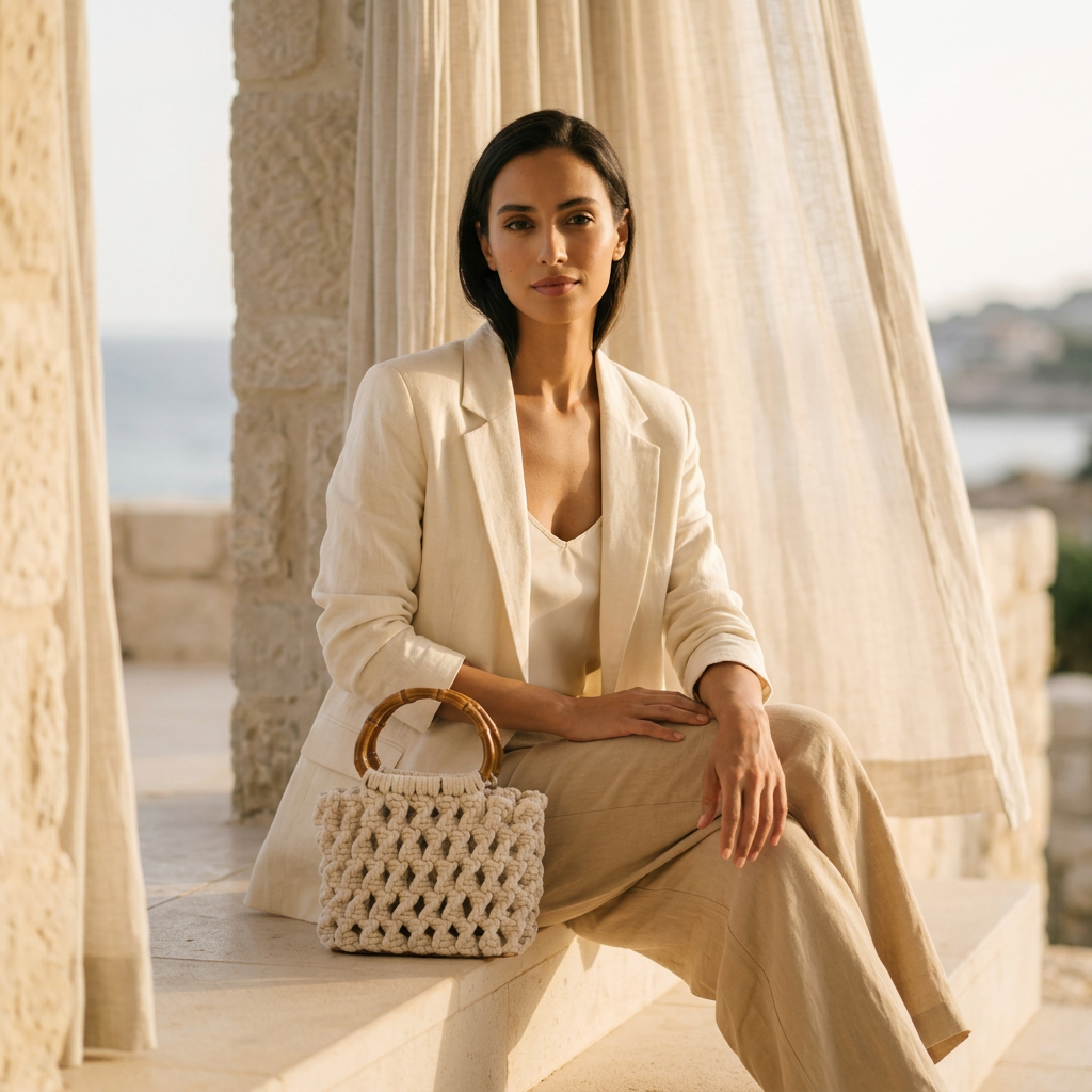 ZAWJIEN Riviera Bag- Woman in a white outfit holding a woven handbag in an outdoor setting with columns and curtains.