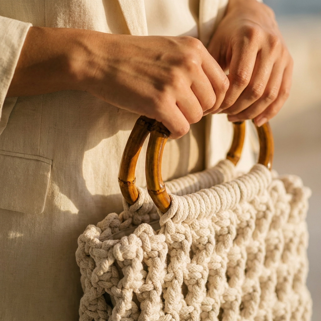 ZAWJIEN Riviera Bag - Close-up of hands holding a beige woven bag with wooden handles.