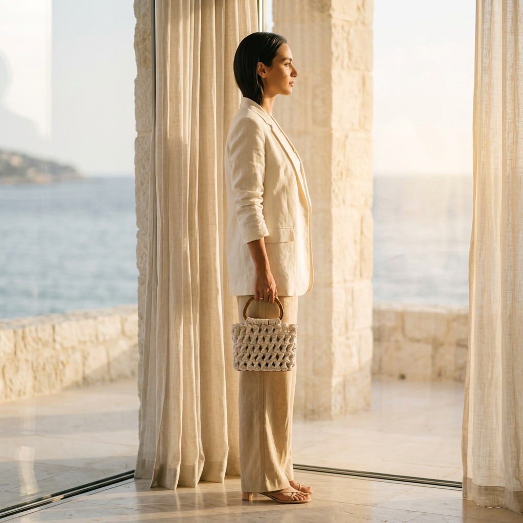 ZAWJIEN Riviera Bag - Woman in a beige outfit standing by large windows with a scenic view of water and mountains.