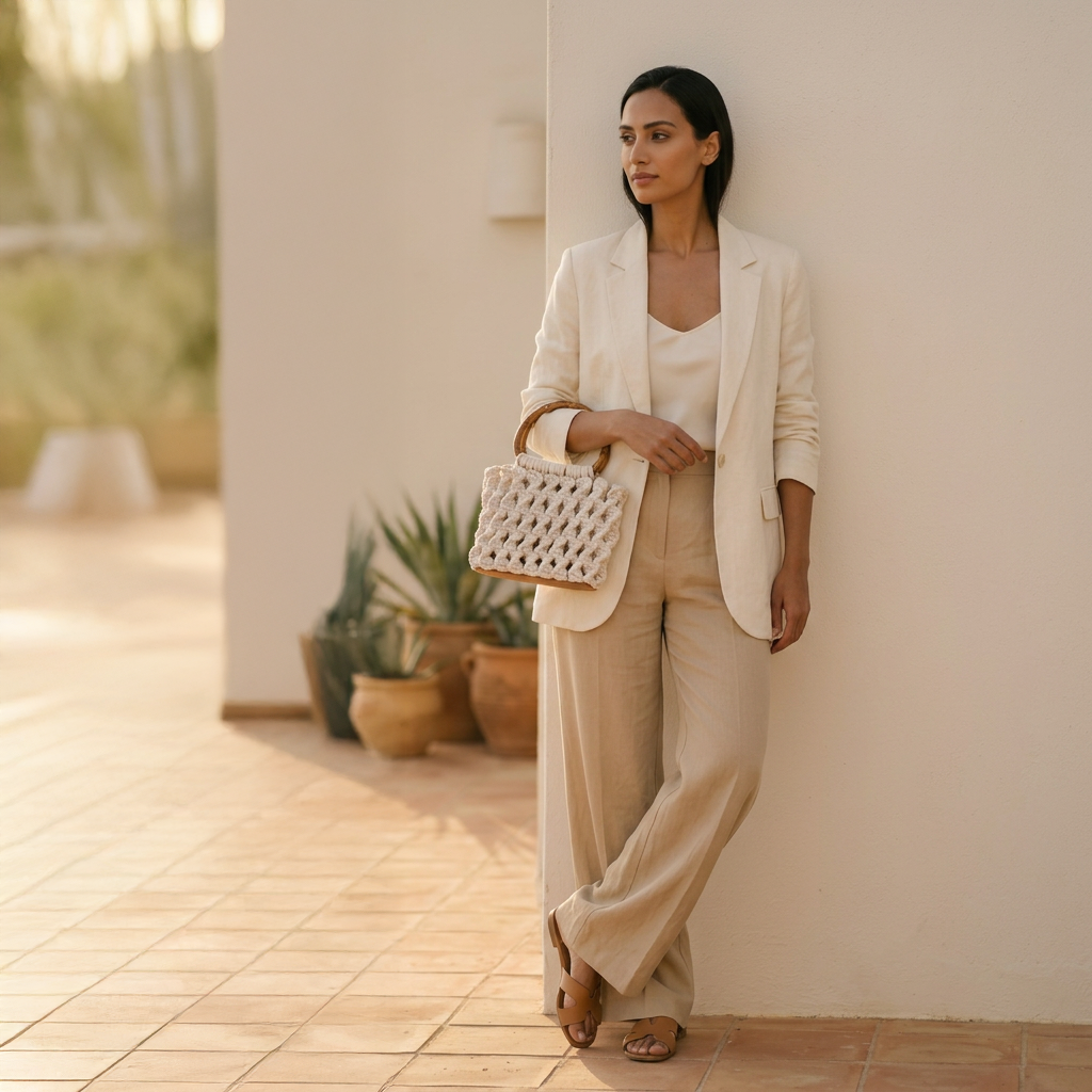 ZAWJIEN Riviera Bag - Woman in a beige suit holding a textured handbag against a light-colored wall.