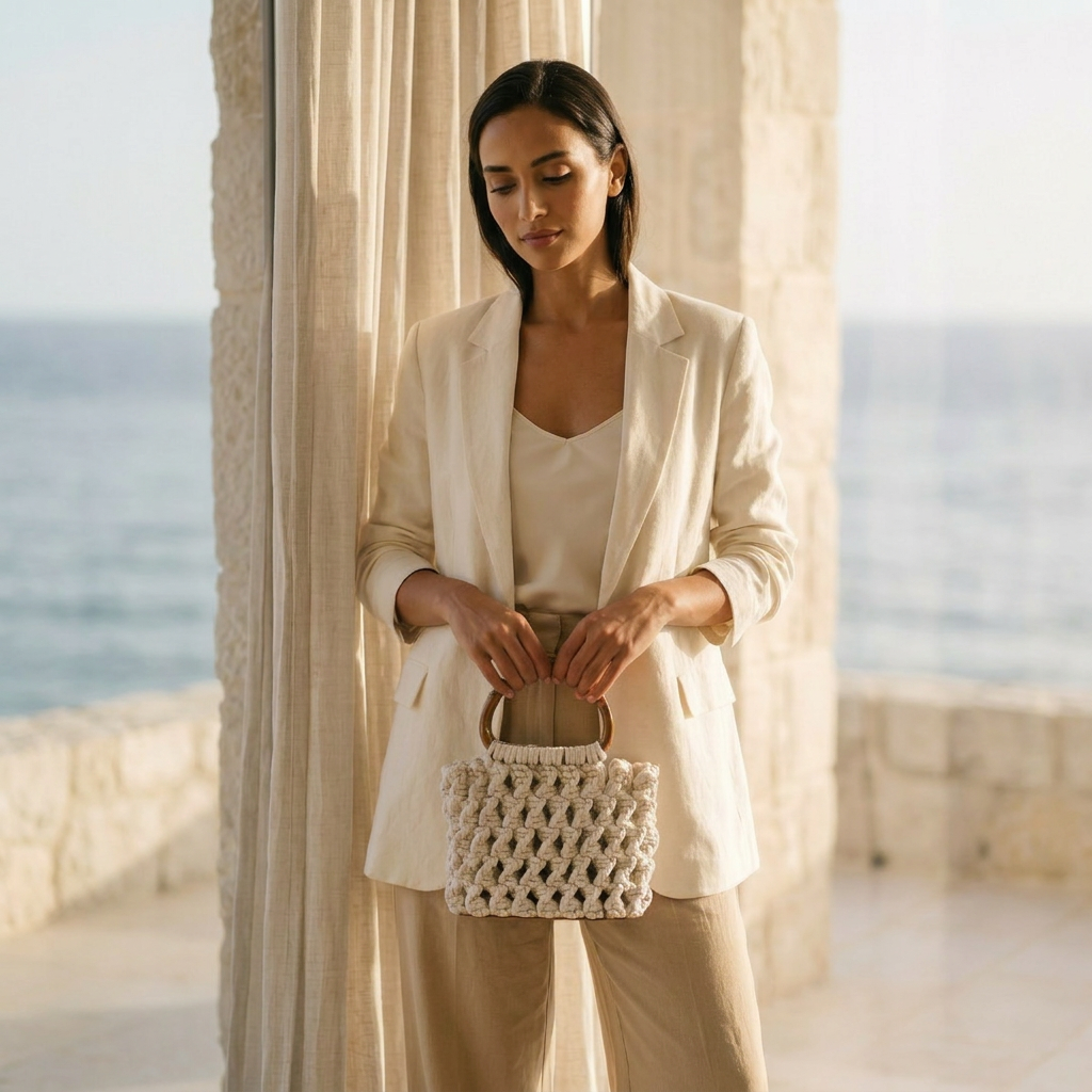 ZAWJIEN Riviera Bag - Woman holding a woven handbag by a curtain with a blurred ocean view in the background