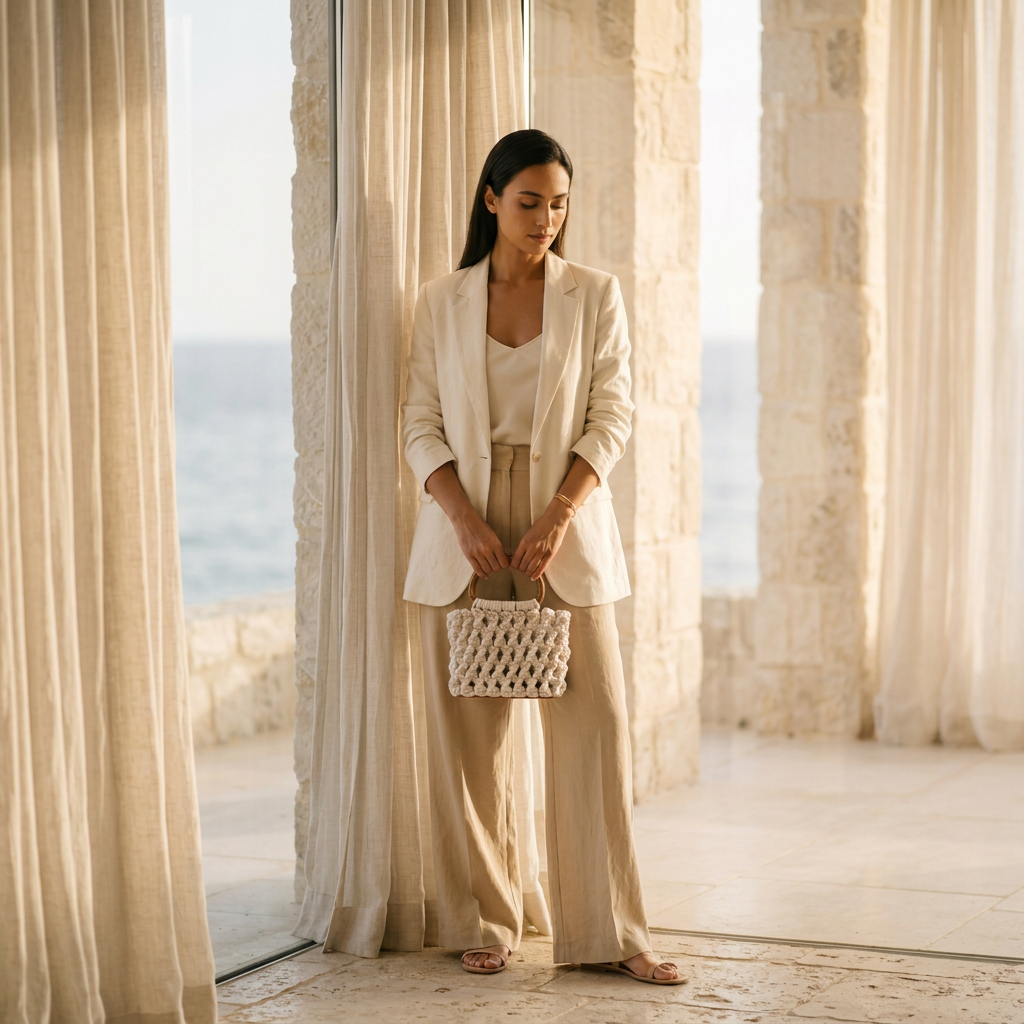 ZAWJIEN Riviera Bag - Woman in a beige outfit holding a white handbag in a sunlit room with large windows.