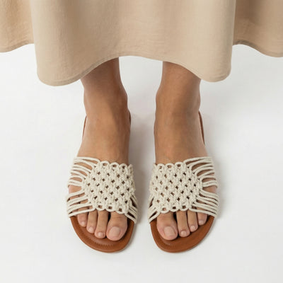 ZAWJIEN Serena Slides - Handcrafted macrame slippers, front view - tryon