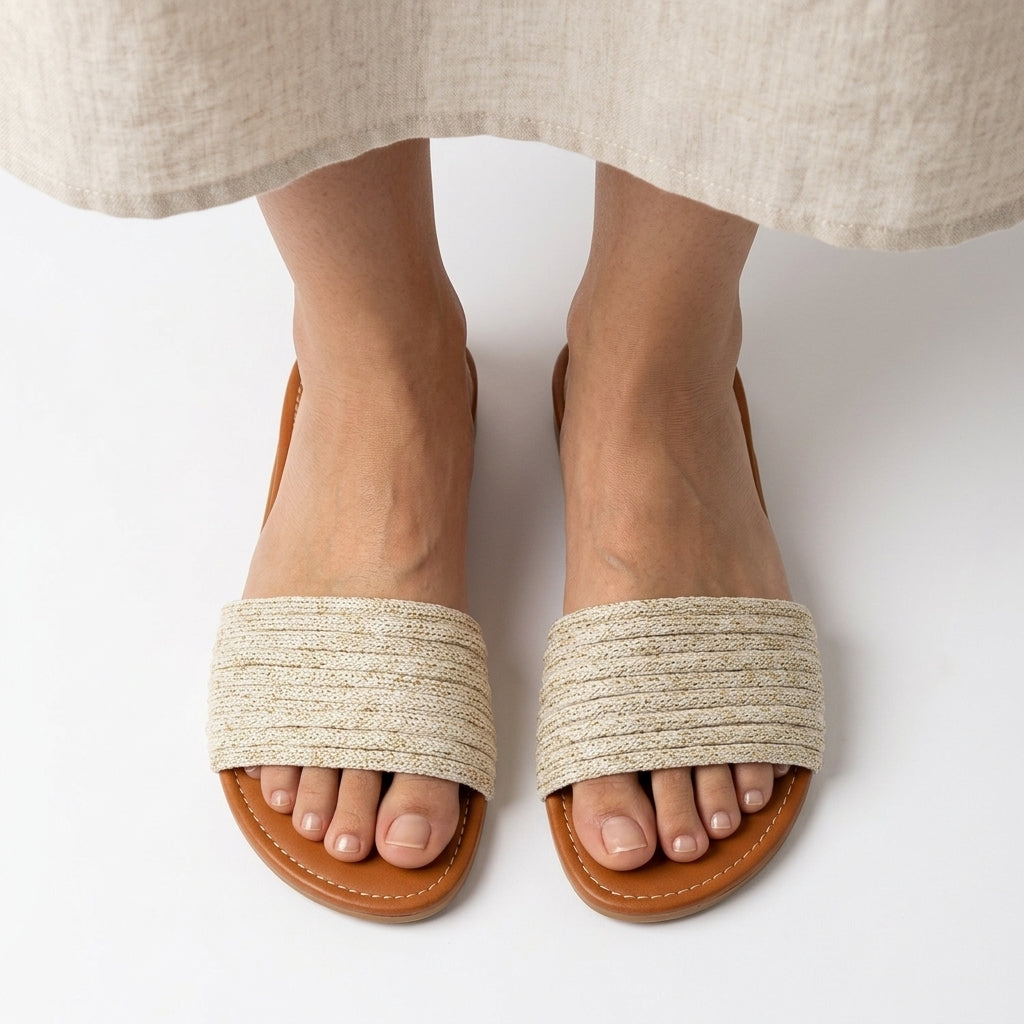 ZAWJIEN Côte Slides - Handcrafted macrame slippers, model lifestyle shot - tryon