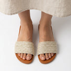 ZAWJIEN Côte Slides - Handcrafted macrame slippers, model lifestyle shot - tryon