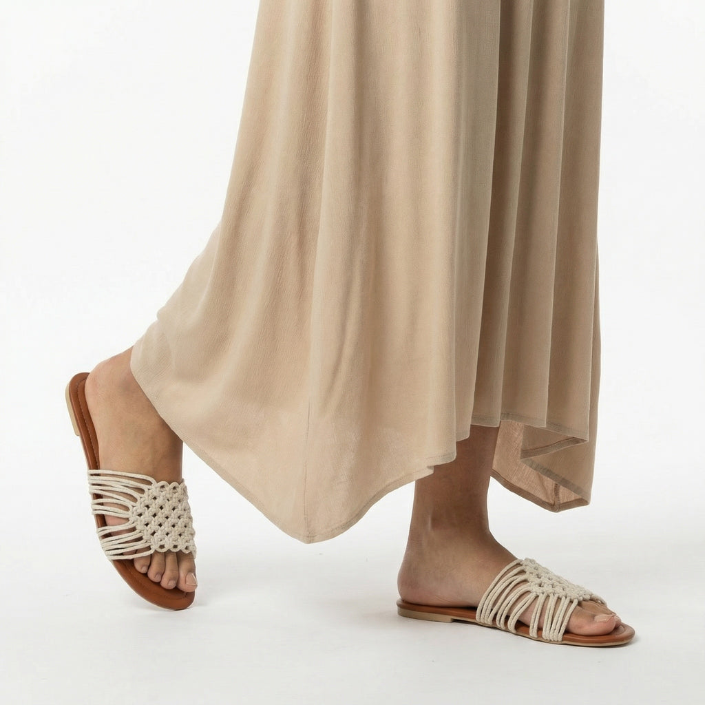 ZAWJIEN Serena Slides - Handcrafted macrame slippers, model lifestyle shot