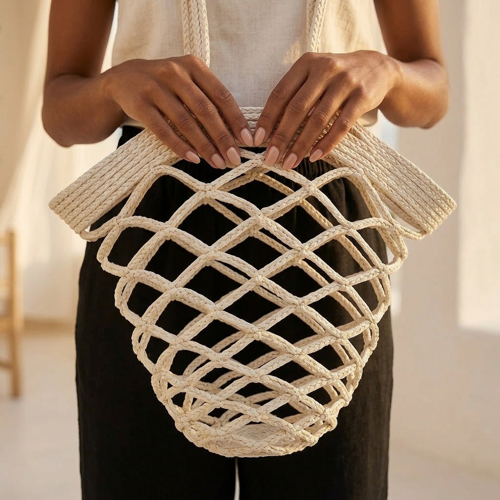 ZAWJIEN Marin Net Bag - Handcrafted macrame handbag, editorial photo
