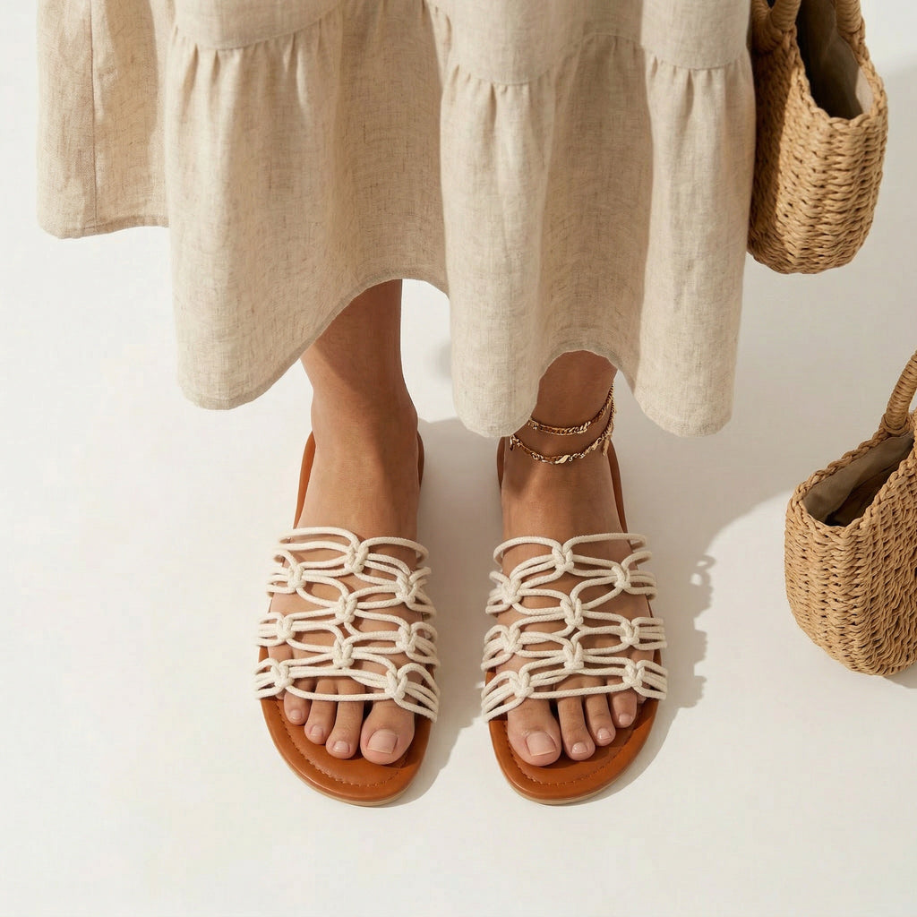 ZAWJIEN Serene Luxe Slides - Handcrafted macrame slippers, front view - tryon