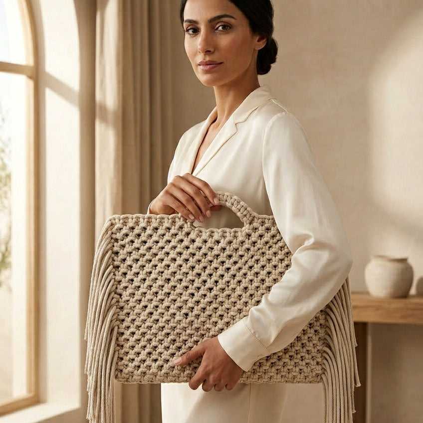 ZAWJIEN Luna Sleeve - Handcrafted macrame laptop sleeve, front view