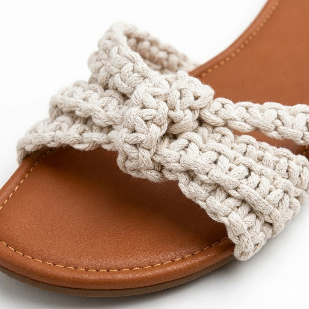 ZAWJIEN Nature Weave Slides - Handcrafted macrame slippers, model lifestyle shot