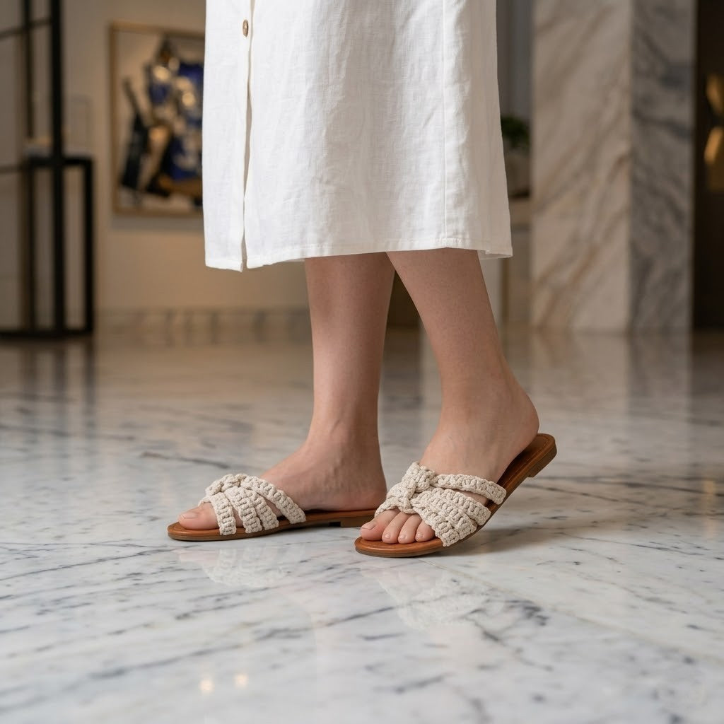 ZAWJIEN Nature Weave Slides - Handcrafted macrame slippers, editorial photo