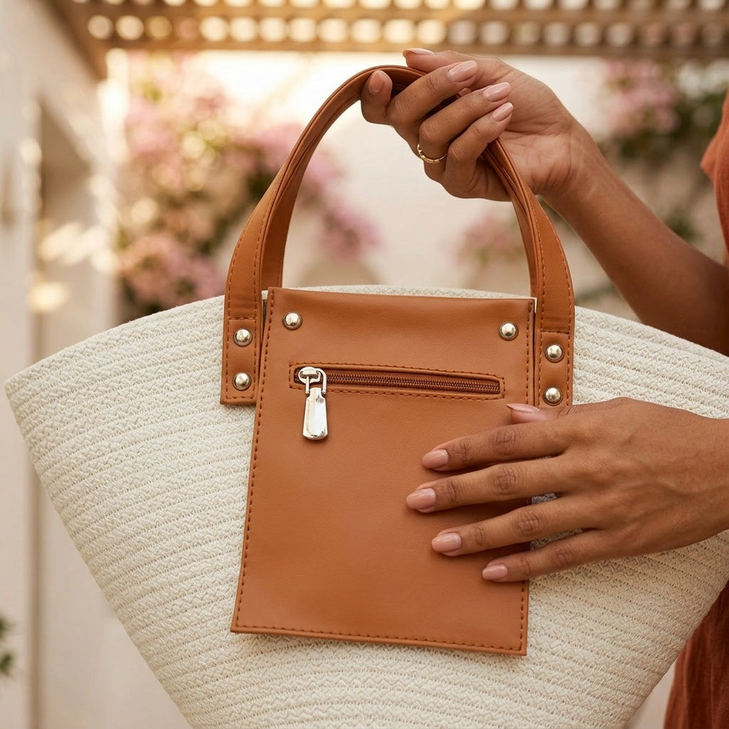 Close-up of hands holding the Soleil Tote showing cognac leather panel, gold-tone dome studs, horizontal zip pocket, and woven ivory texture