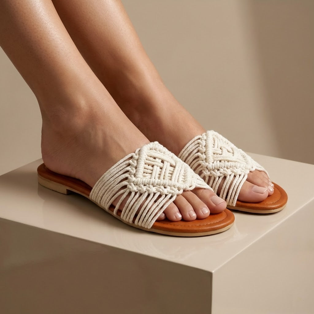 ZAWJIEN Solana Slides - Handcrafted macrame slippers, model lifestyle shot