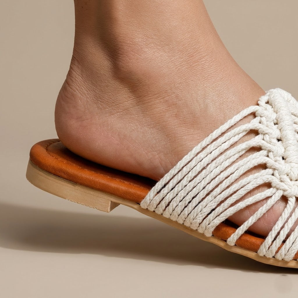 ZAWJIEN Solana Slides - Handcrafted macrame slippers, editorial photo