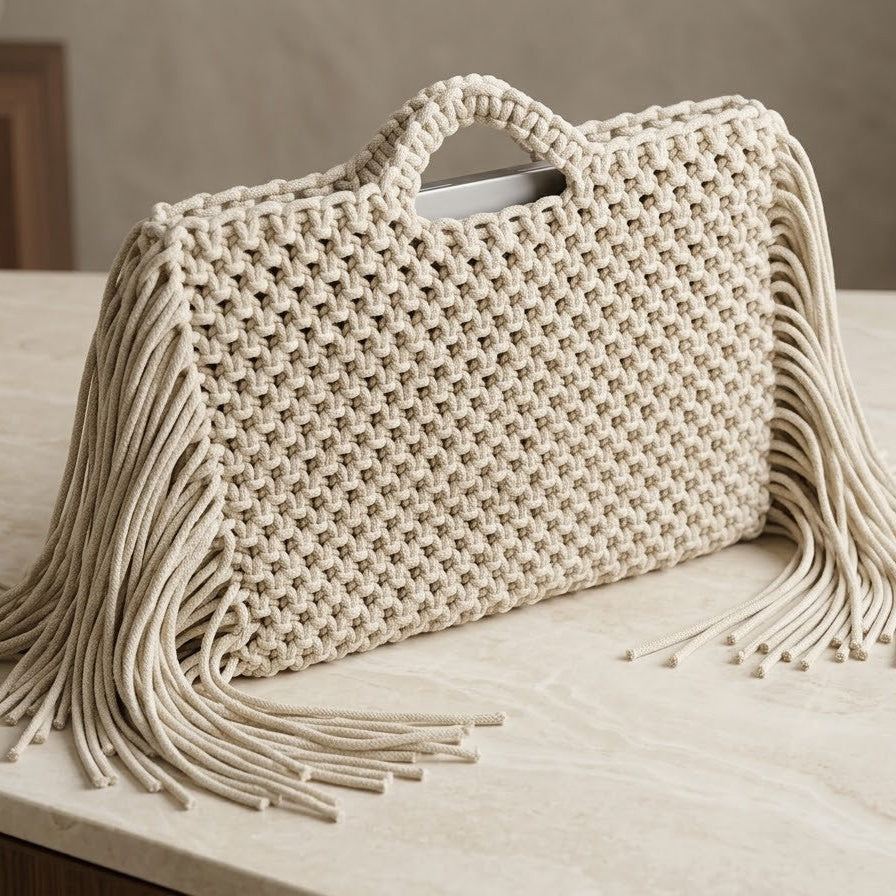 ZAWJIEN Luna Sleeve - Handcrafted macrame laptop sleeve, side angle view - tryon