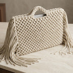 ZAWJIEN Luna Sleeve - Handcrafted macrame laptop sleeve, side angle view - tryon