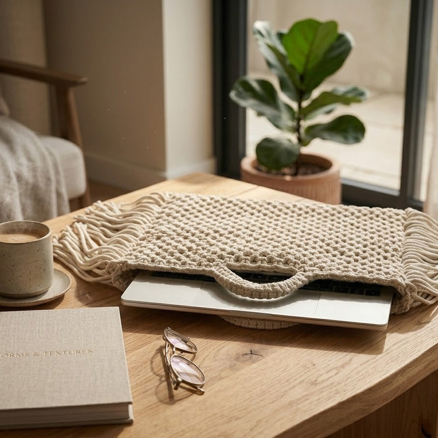 ZAWJIEN Luna Sleeve - Handcrafted macrame laptop sleeve, model lifestyle shot