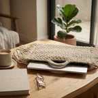 ZAWJIEN Luna Sleeve - Handcrafted macrame laptop sleeve, model lifestyle shot