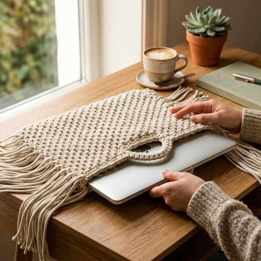 ZAWJIEN Luna Sleeve - Handcrafted macrame laptop sleeve, styled product shot