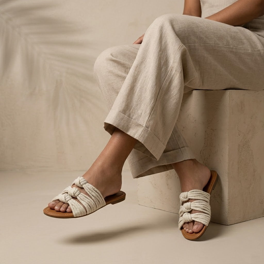ZAWJIEN Sand Whisper Slides - Handcrafted macrame slippers, detail view