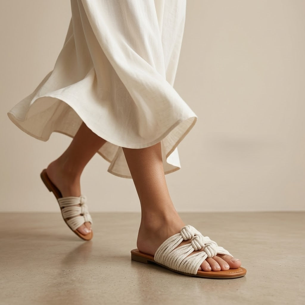 ZAWJIEN Sand Whisper Slides - Handcrafted macrame slippers, model lifestyle shot