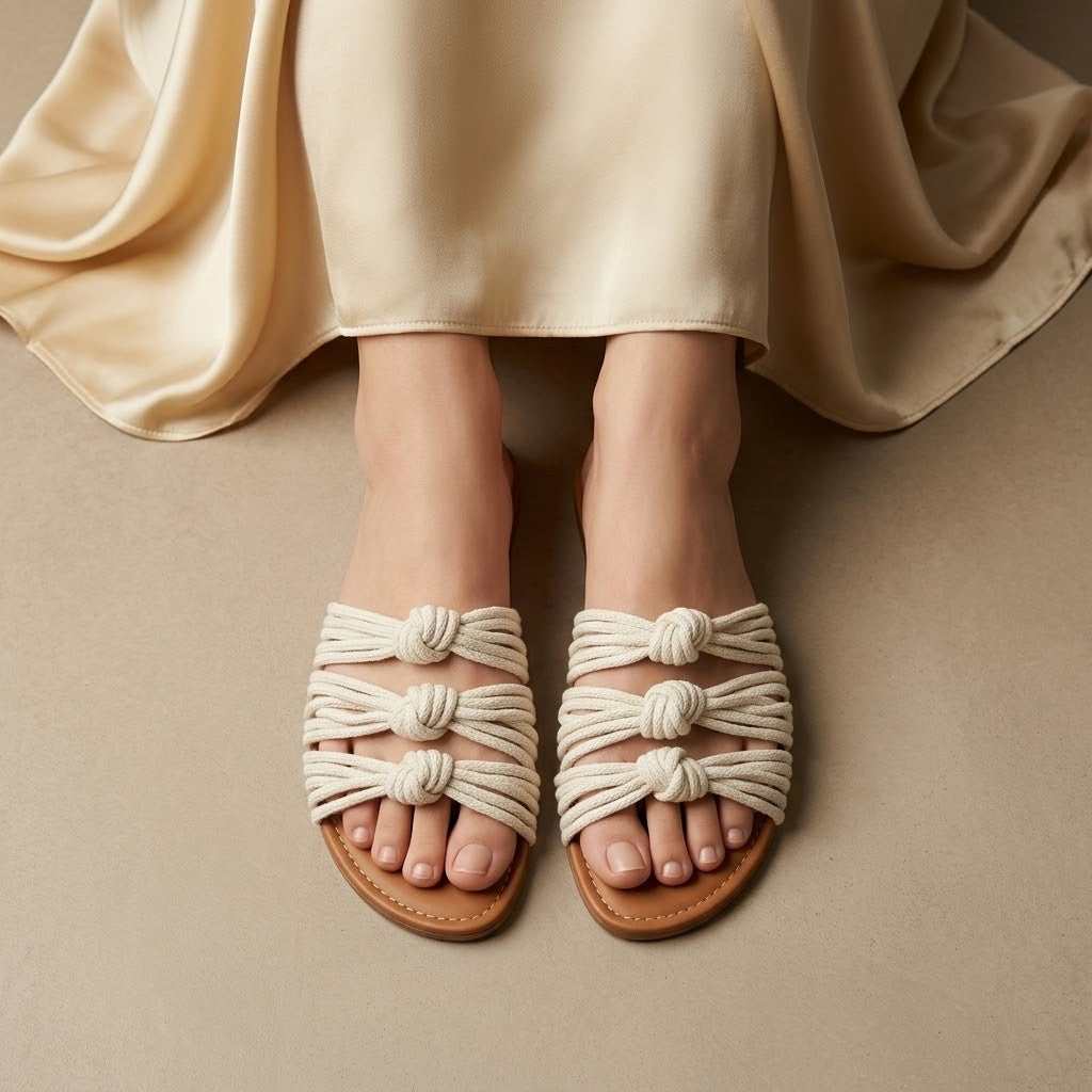 ZAWJIEN Sand Whisper Slides - Handcrafted macrame slippers, front view - tryon