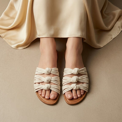 ZAWJIEN Sand Whisper Slides - Handcrafted macrame slippers, front view - tryon